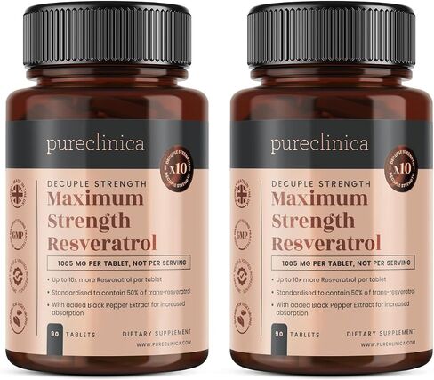 pureclinica أقصى قوة ريسفيراترول 1000 ملغ × 360 قرصًا - (4 زجاجات تكفي لمدة 90-12 شهرًا). 10 × قوة مع مستخلص الفلفل الأسود in Kuwait