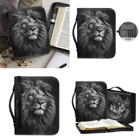 Lotusorchid Bible Cover for Men with Leather Keychain, Lion Print Bible Carrying Case Church Bag Men's Bible Protective Cover for Bible Study, Black, Size XL in Saudi Arabia