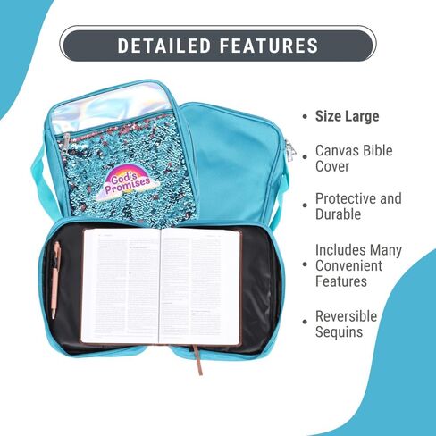 God's Promises | Sequin Cute Teal Bible Covers for Teen Girls | Book Case for Kids | Girls Bible Bag with Ribbon Bookmark Pen Loop Organizer Pockets (8.87 X 6.25 X 1.87 Inches) in Saudi Arabia