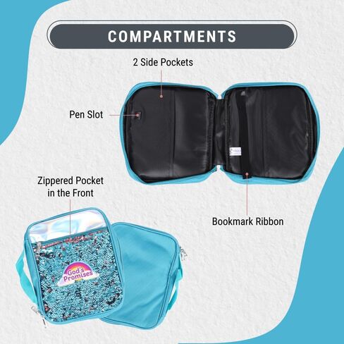 God's Promises | Sequin Cute Teal Bible Covers for Teen Girls | Book Case for Kids | Girls Bible Bag with Ribbon Bookmark Pen Loop Organizer Pockets (8.87 X 6.25 X 1.87 Inches) in Saudi Arabia