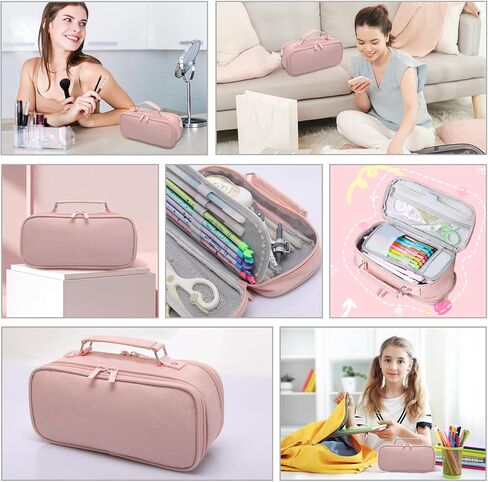 WYCY Pencil Case Canvas Pencil Pouch Big Capacity Organizer with Compartmens Multifunctional Pencil Box with Zipper (Pink) in Kuwait