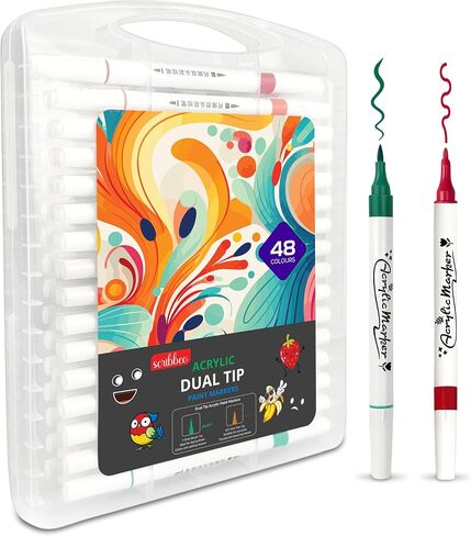 مجموعة أقلام التحديد الأكريليك Scribbeo 48 مع طرف مزدوج، طرف رفيع - علامات طرف الفرشاة، أقلام طلاء أكريليك للرسم الصخري، الخشب، القماش، الحجر، الزجاج، الأسطح الخزفية، الحرف اليدوية لصناعة اللوازم الفنية in Saudi Arabia