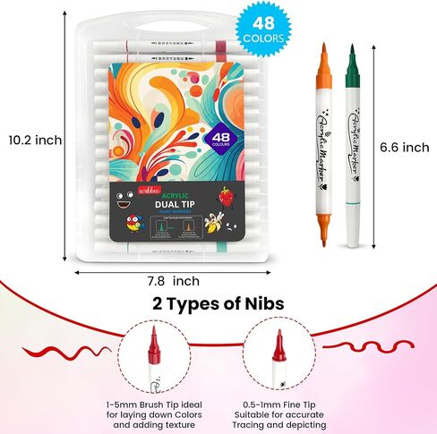 مجموعة أقلام التحديد الأكريليك Scribbeo 48 مع طرف مزدوج، طرف رفيع - علامات طرف الفرشاة، أقلام طلاء أكريليك للرسم الصخري، الخشب، القماش، الحجر، الزجاج، الأسطح الخزفية، الحرف اليدوية لصناعة اللوازم الفنية in Saudi Arabia