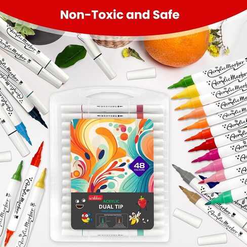 مجموعة أقلام التحديد الأكريليك Scribbeo 48 مع طرف مزدوج، طرف رفيع - علامات طرف الفرشاة، أقلام طلاء أكريليك للرسم الصخري، الخشب، القماش، الحجر، الزجاج، الأسطح الخزفية، الحرف اليدوية لصناعة اللوازم الفنية in Saudi Arabia