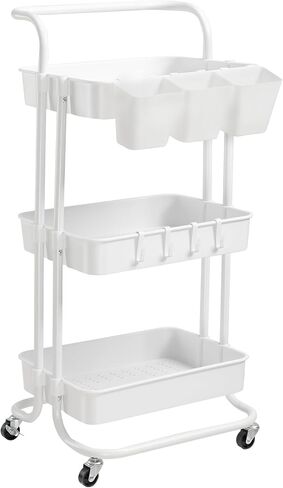 3 Tier Rolling Utility Cart with Lockable Wheels and Hanging Cups and Hooks for Kitchen, Office, Bathroom, Children's Room, Bedroom, Baby Nursery, Beauty Salon Storage Organisation in Saudi Arabia