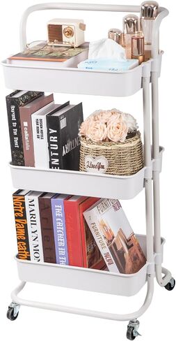3 Tier Rolling Utility Cart with Lockable Wheels and Hanging Cups and Hooks for Kitchen, Office, Bathroom, Children's Room, Bedroom, Baby Nursery, Beauty Salon Storage Organisation in Saudi Arabia