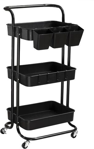 3 Tier Rolling Utility Cart with Lockable Wheels and Hanging Cups and Hooks for Kitchen, Office, Bathroom, Children's Room, Bedroom, Baby Nursery, Beauty Salon Storage Organisation in Saudi Arabia