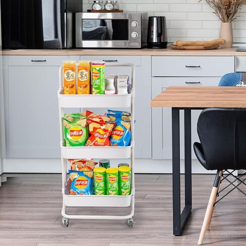 3 Tier Rolling Utility Cart with Lockable Wheels and Hanging Cups and Hooks for Kitchen, Office, Bathroom, Children's Room, Bedroom, Baby Nursery, Beauty Salon Storage Organisation in Saudi Arabia
