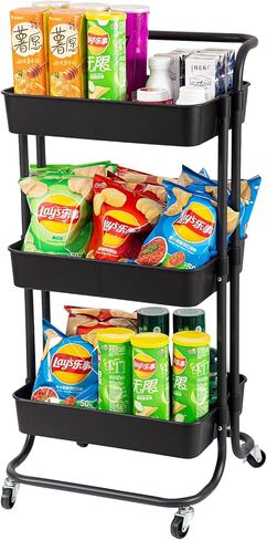 3 Tier Rolling Utility Cart with Lockable Wheels and Hanging Cups and Hooks for Kitchen, Office, Bathroom, Children's Room, Bedroom, Baby Nursery, Beauty Salon Storage Organisation in Saudi Arabia