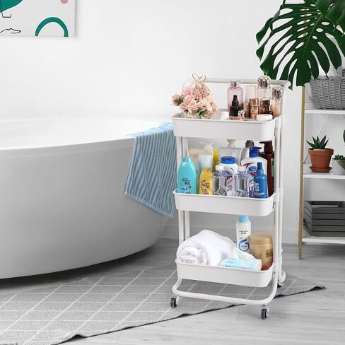 3 Tier Rolling Utility Cart with Lockable Wheels and Hanging Cups and Hooks for Kitchen, Office, Bathroom, Children's Room, Bedroom, Baby Nursery, Beauty Salon Storage Organisation in Saudi Arabia