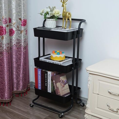 3 Tier Rolling Utility Cart with Lockable Wheels and Hanging Cups and Hooks for Kitchen, Office, Bathroom, Children's Room, Bedroom, Baby Nursery, Beauty Salon Storage Organisation in Saudi Arabia