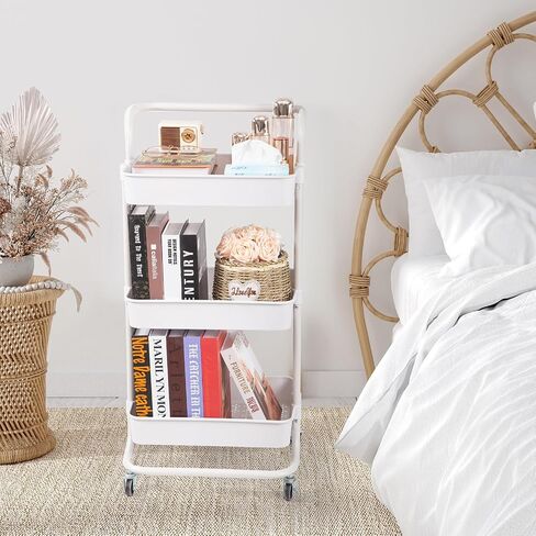 3 Tier Rolling Utility Cart with Lockable Wheels and Hanging Cups and Hooks for Kitchen, Office, Bathroom, Children's Room, Bedroom, Baby Nursery, Beauty Salon Storage Organisation in Saudi Arabia
