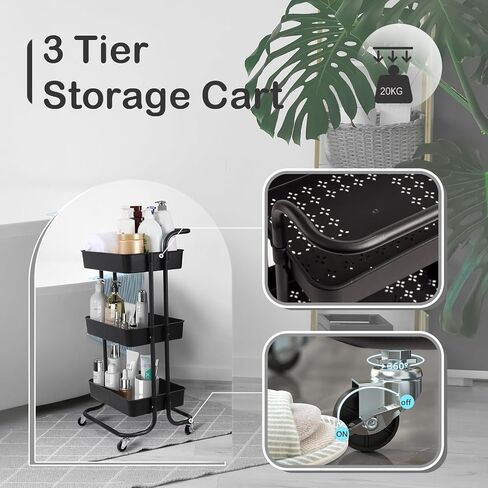 3 Tier Rolling Utility Cart with Lockable Wheels and Hanging Cups and Hooks for Kitchen, Office, Bathroom, Children's Room, Bedroom, Baby Nursery, Beauty Salon Storage Organisation in Saudi Arabia