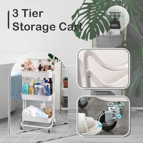 3 Tier Rolling Utility Cart with Lockable Wheels and Hanging Cups and Hooks for Kitchen, Office, Bathroom, Children's Room, Bedroom, Baby Nursery, Beauty Salon Storage Organisation in Saudi Arabia