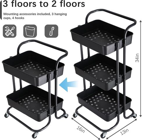 3 Tier Rolling Utility Cart with Lockable Wheels and Hanging Cups and Hooks for Kitchen, Office, Bathroom, Children's Room, Bedroom, Baby Nursery, Beauty Salon Storage Organisation in Saudi Arabia