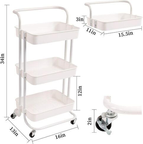 3 Tier Rolling Utility Cart with Lockable Wheels and Hanging Cups and Hooks for Kitchen, Office, Bathroom, Children's Room, Bedroom, Baby Nursery, Beauty Salon Storage Organisation in Saudi Arabia