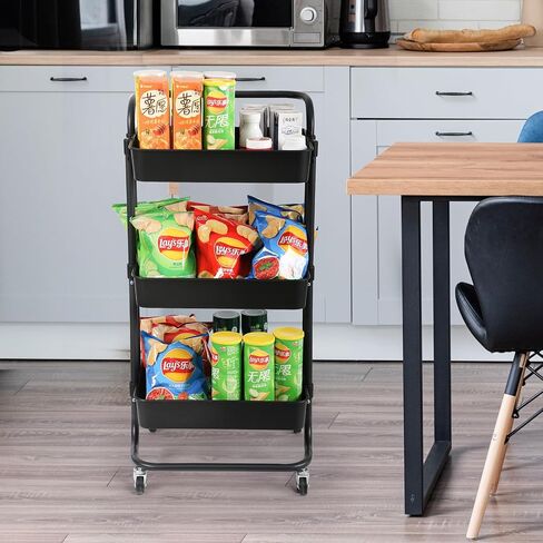 3 Tier Rolling Utility Cart with Lockable Wheels and Hanging Cups and Hooks for Kitchen, Office, Bathroom, Children's Room, Bedroom, Baby Nursery, Beauty Salon Storage Organisation in Saudi Arabia