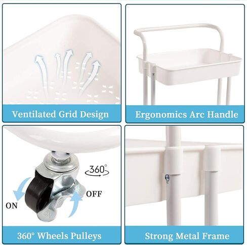 3 Tier Rolling Utility Cart with Lockable Wheels and Hanging Cups and Hooks for Kitchen, Office, Bathroom, Children's Room, Bedroom, Baby Nursery, Beauty Salon Storage Organisation in Saudi Arabia