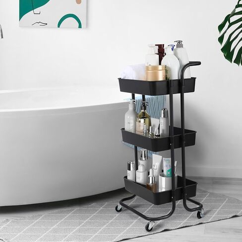 3 Tier Rolling Utility Cart with Lockable Wheels and Hanging Cups and Hooks for Kitchen, Office, Bathroom, Children's Room, Bedroom, Baby Nursery, Beauty Salon Storage Organisation in Saudi Arabia