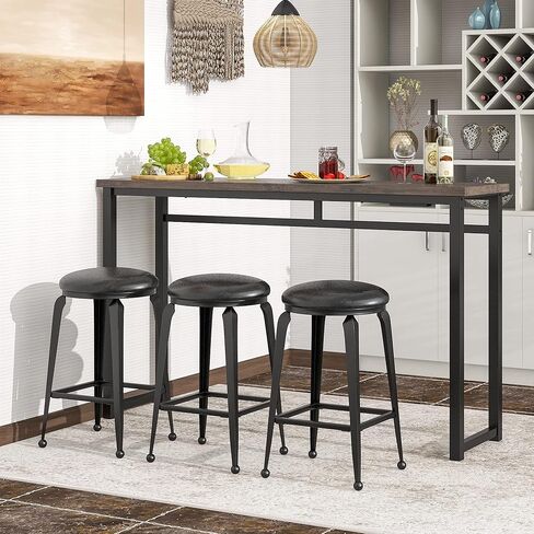 Long Bar Table Set with 3 PU Upholstered Bar Stools, Industrial Counter Height Bar Table Set, Counter Height Table and Bar Stools for Dining Room, Kitchen, Restaurant and Living Room in Kuwait
