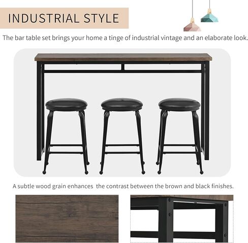 Long Bar Table Set with 3 PU Upholstered Bar Stools, Industrial Counter Height Bar Table Set, Counter Height Table and Bar Stools for Dining Room, Kitchen, Restaurant and Living Room in Kuwait