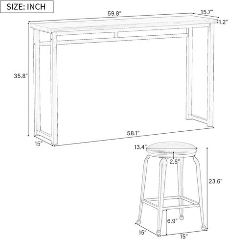 Long Bar Table Set with 3 PU Upholstered Bar Stools, Industrial Counter Height Bar Table Set, Counter Height Table and Bar Stools for Dining Room, Kitchen, Restaurant and Living Room in Kuwait