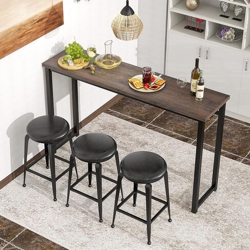 Long Bar Table Set with 3 PU Upholstered Bar Stools, Industrial Counter Height Bar Table Set, Counter Height Table and Bar Stools for Dining Room, Kitchen, Restaurant and Living Room in Kuwait