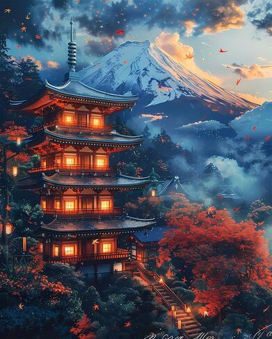 Mountain DIY Paint by Numbers for Adults, Japanese Style Cityscape Paint by Numbers Kits with Paintbrushes and Acrylic Pigment, 16X20 Inch Flameless Canvas Wall Decor Oil Painting for Friends Family in Saudi Arabia