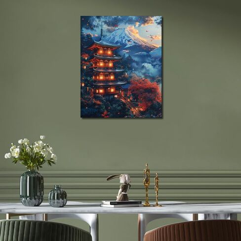 Mountain DIY Paint by Numbers for Adults, Japanese Style Cityscape Paint by Numbers Kits with Paintbrushes and Acrylic Pigment, 16X20 Inch Flameless Canvas Wall Decor Oil Painting for Friends Family in Saudi Arabia