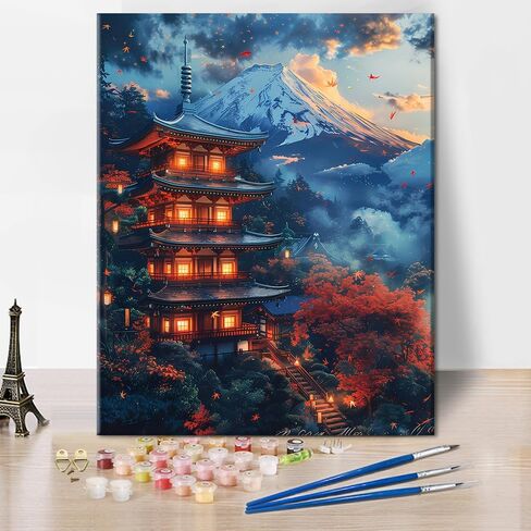 Mountain DIY Paint by Numbers for Adults, Japanese Style Cityscape Paint by Numbers Kits with Paintbrushes and Acrylic Pigment, 16X20 Inch Flameless Canvas Wall Decor Oil Painting for Friends Family in Saudi Arabia