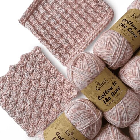 خيوط قطنية ناعمة مرقطة من KnitPal للحياكة، 72% قطن و28% أكريليك - خيوط مزيج أكريليك من القطن بوزن 3 DK للحياكة - 6 خصلات، 810 ياردة/300 جم - توت بلوري in Kuwait