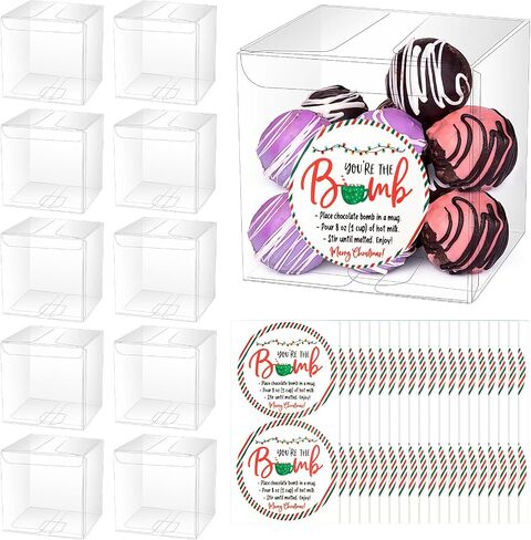 Tioncy 50 Pcs 3 x 3 x 3 Inch Christmas Hot Chocolate Bomb Boxes with 50 You're the Bomb Sticker Labels Merry Christmas Themed Hot Cocoa Bomb Packaging Gift Boxes Plastic Clear Favor Boxes in Saudi Arabia
