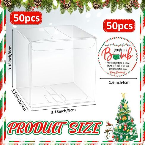 Tioncy 50 Pcs 3 x 3 x 3 Inch Christmas Hot Chocolate Bomb Boxes with 50 You're the Bomb Sticker Labels Merry Christmas Themed Hot Cocoa Bomb Packaging Gift Boxes Plastic Clear Favor Boxes in Saudi Arabia