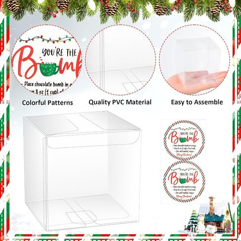 Tioncy 50 Pcs 3 x 3 x 3 Inch Christmas Hot Chocolate Bomb Boxes with 50 You're the Bomb Sticker Labels Merry Christmas Themed Hot Cocoa Bomb Packaging Gift Boxes Plastic Clear Favor Boxes in Saudi Arabia