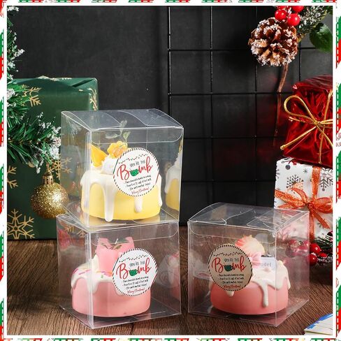 Tioncy 50 Pcs 3 x 3 x 3 Inch Christmas Hot Chocolate Bomb Boxes with 50 You're the Bomb Sticker Labels Merry Christmas Themed Hot Cocoa Bomb Packaging Gift Boxes Plastic Clear Favor Boxes in Saudi Arabia