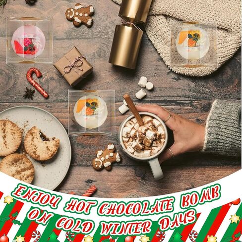 Tioncy 50 Pcs 3 x 3 x 3 Inch Christmas Hot Chocolate Bomb Boxes with 50 You're the Bomb Sticker Labels Merry Christmas Themed Hot Cocoa Bomb Packaging Gift Boxes Plastic Clear Favor Boxes in Saudi Arabia