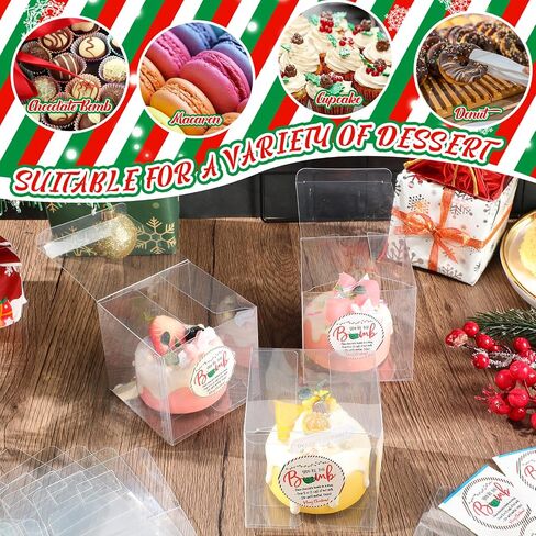 Tioncy 50 Pcs 3 x 3 x 3 Inch Christmas Hot Chocolate Bomb Boxes with 50 You're the Bomb Sticker Labels Merry Christmas Themed Hot Cocoa Bomb Packaging Gift Boxes Plastic Clear Favor Boxes in Saudi Arabia