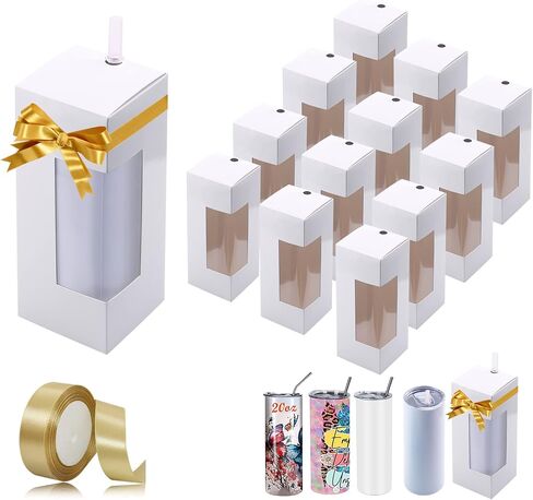 12PCS Tumbler Gift Boxes with Ribbon for Blank Sublimation Tumblers, Transparent Gift Packaging Box for 15oz 20oz Skinny Straight Tumbler Cup, Birthday Presents,Mothers Day Gifts,Nurses Week Gifts Christmas Gift New Year Gift in Kuwait