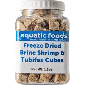Aquatic Foods Inc. Freeze Dried Floating Brine Shrimp and Tubifex Cubes for All Tropical Fish, Marine Fish, Discus, Cichlids, Koi & Pond Fish, Turtles…1.5oz Small Jar