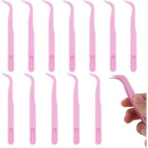 InnoHHustle 12 Pack Plastic Tweezers for Crafts 4.5 in Long Bent Tweezers Bulk Picking and Placing Crafts Beads Tweezers for Crafting DIY Bead Jewelry Making