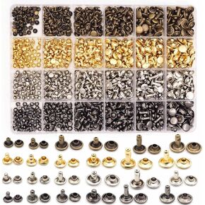 Xiufortion 600 Sets Copper Leather Rivets Double Cap Rivet Tubular for DIY Leather Craft Clothes Shoes Bags Belts Repair Decoration (4 Colors Mixed, 6 Sizes Mixed)