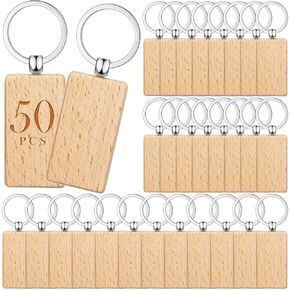 Yinkin 100 Pcs Wooden Keychain Blanks Wood Key Chains Bulk Laser Engraving Rectangle Keychain Blanks Unfinished Wooden Key Ring Key Tag for DIY Gift Crafts