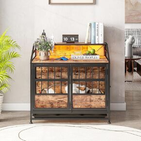 34 Inch Heavy Duty Dog Crate Furniture,Dog Kennel with Shelf,Wood Dog Cage End Table Side Table with Led Light, Decorative Pet Crate Dog Cage for Medium/Small Dogs(34.65" L×24.02W×31.5" H)