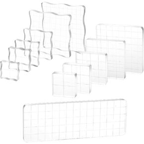 12Pcs Acrylic Stamp Block Clear Stamping Blocks Tools Set Assorted Sizes Stamp Blocks with Grid Lines for Scrapbooking Crafts Card Making