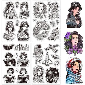 GLOBLELAND 4 Sheets Steampunk Lady Clear Stamps for Card Making Flowers Reading Silicone Clear Stamp Astronauts Satellites Planets Transparent Stamps for DIY Scrapbooking Decorative Photo Album