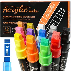 12 Colors Jumbo Paint Markers, 10mm Jumbo Felt Tip, Acrylic Paint Pens for Rock Painting, Canvas，Poster，Stone，Ceramic, Glass, Wood, Plastic