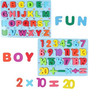 QZMTOY Wooden Puzzles for Toddlers, Wooden Alphabet Number Shape Puzzles Toddler Learning Puzzle Toys for Kids, 3 in 1 Puzzle for Toddlers, Age 3+ (Set of 3)