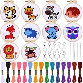 Juinte 10 Pack Stamped Cross Stitch Beginners Kits for Kids Embroidery Starter Cross Kit with Woodland Animal Patterns DIY Needlepoint Sewing Set with Instruction for Key Chain Backpack Charms Craft