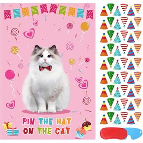 Pin The Hat On The Cat Party Game Cat Birthday Party Games for Kids, Cat Birthday Party Supplies Decorations for Girls Boys, Large Cat Poster with 54 Hat Stickers