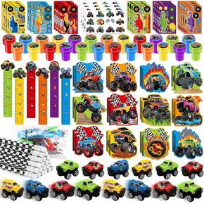 BenLouis 192Pcs Monster Truck Party Favors Truck Car Birthday Stampers Stickers School Stationery Set Bulk for Kids wheels party Race Car Themed Party Goodie Bag Stuffers Pinata Filler Supplies